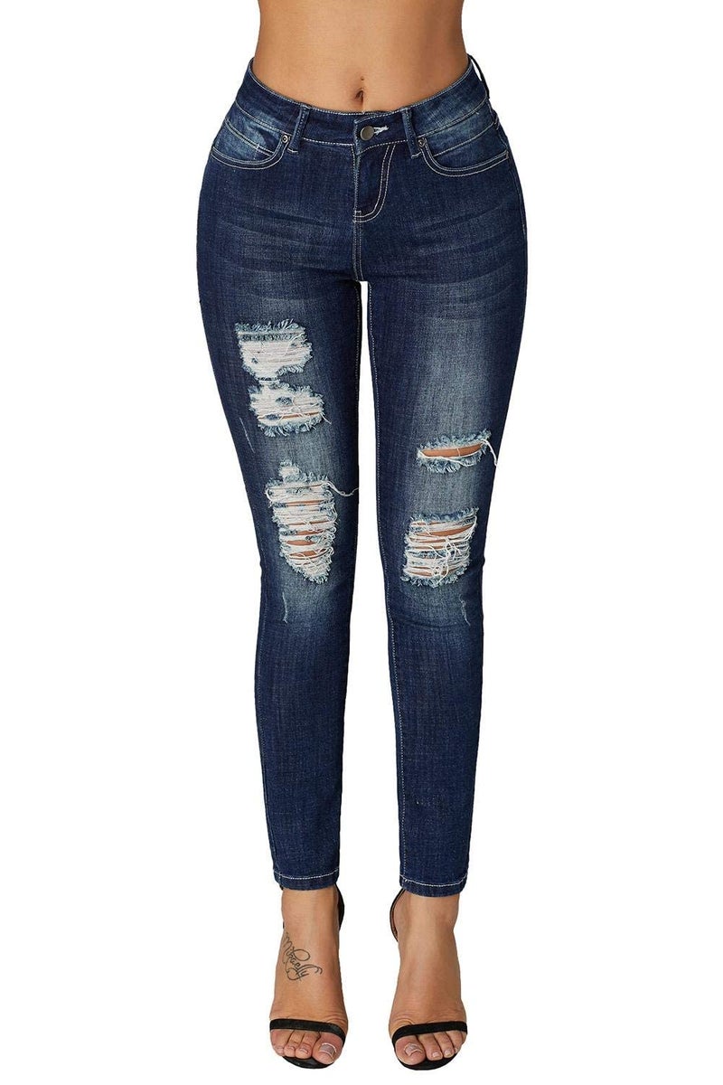 roswear Skinny Jeans for Women Ripped Stretchy Mid Rise Jeggings Casual Slimming Pants Blue - Image 1